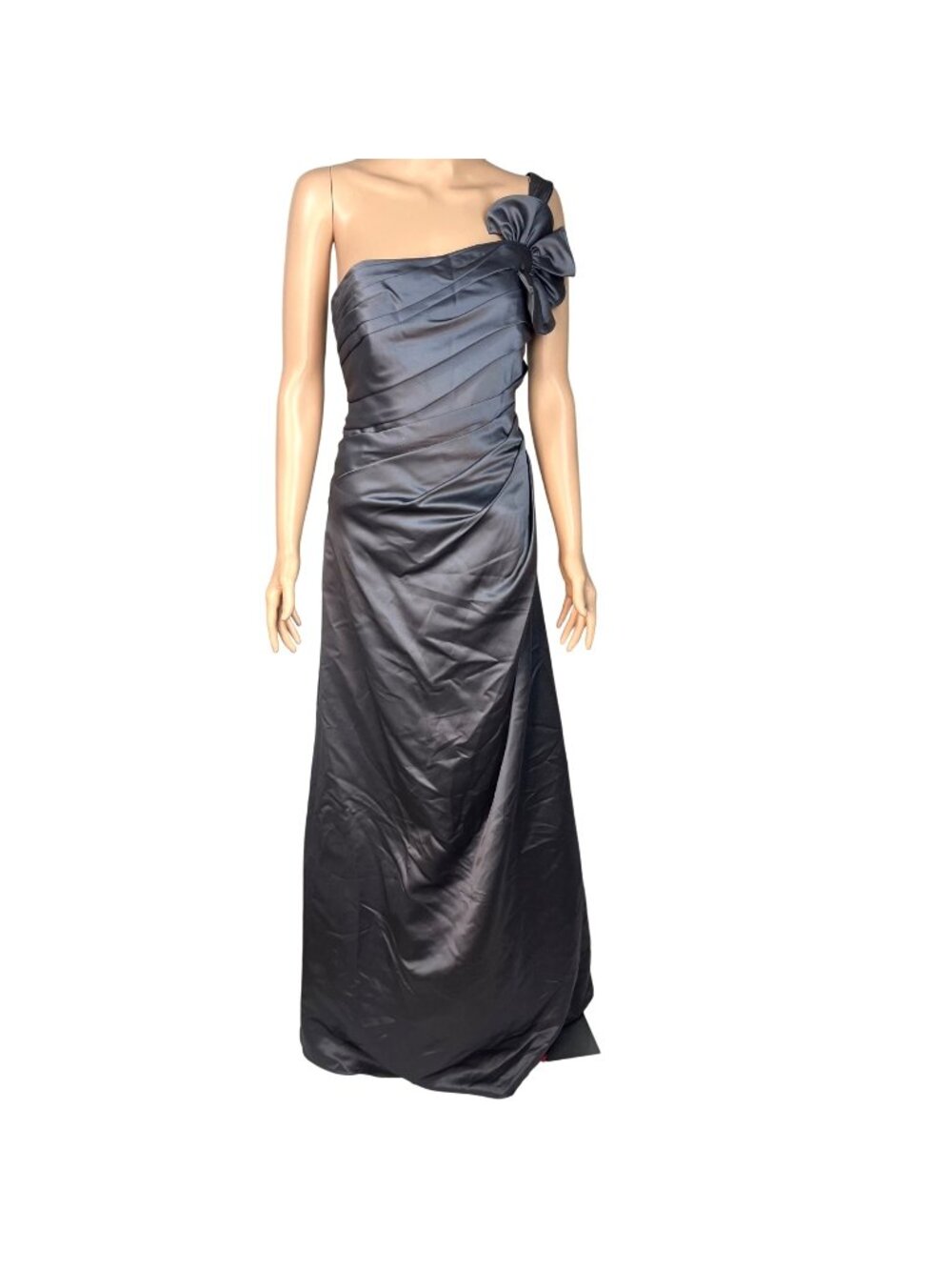 David's Bridal Steel Charcoal Gray One-Shoulder Satin Gown With Shoulder Accent